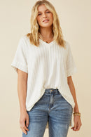 HY6862 OFF WHITE Womens Cable Detail Knit Banded Dolman Vneck Top Front