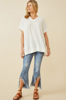 HY6862 OFF WHITE Womens Cable Detail Knit Banded Dolman Vneck Top Full Body