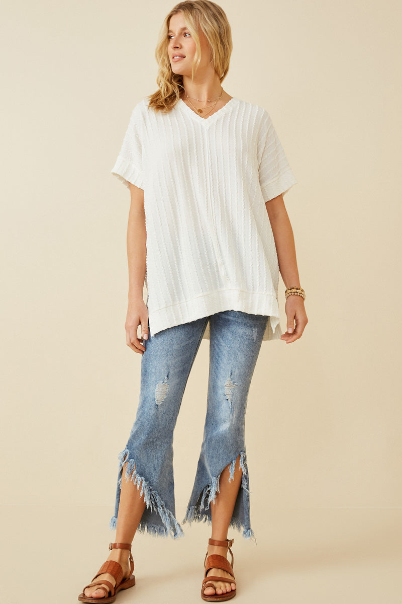 HY6862 OFF WHITE Womens Cable Detail Knit Banded Dolman Vneck Top Full Body