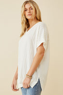 HY6862 OFF WHITE Womens Cable Detail Knit Banded Dolman Vneck Top Side