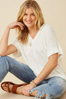 HY6862 OFF WHITE Womens Cable Detail Knit Banded Dolman Vneck Top Pose