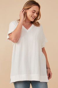 HY6862W Off White Plus Cable Detail Knit Banded Dolman Vneck Top Front