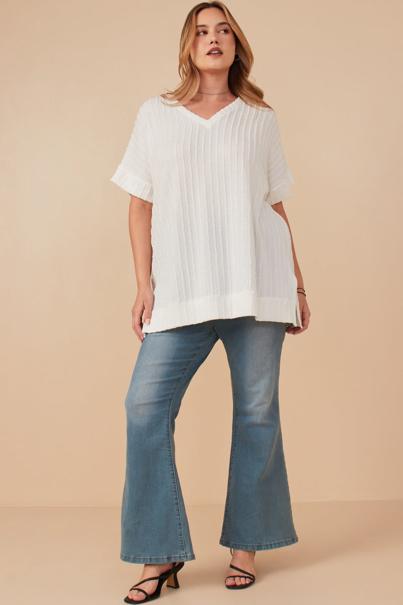 HY6862W Off White Plus Cable Detail Knit Banded Dolman Vneck Top Gif