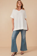 HY6862W Off White Plus Cable Detail Knit Banded Dolman Vneck Top Gif