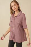 HY6868 Purple Women Waffle Knit Chest Pocket Short Sleeve Shirt Front