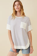 HY6870 LAVENDER Womens Ribbed Knit Contrast Detail Pocket Tee Front