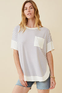 HY6870 LAVENDER Womens Ribbed Knit Contrast Detail Pocket Tee Front