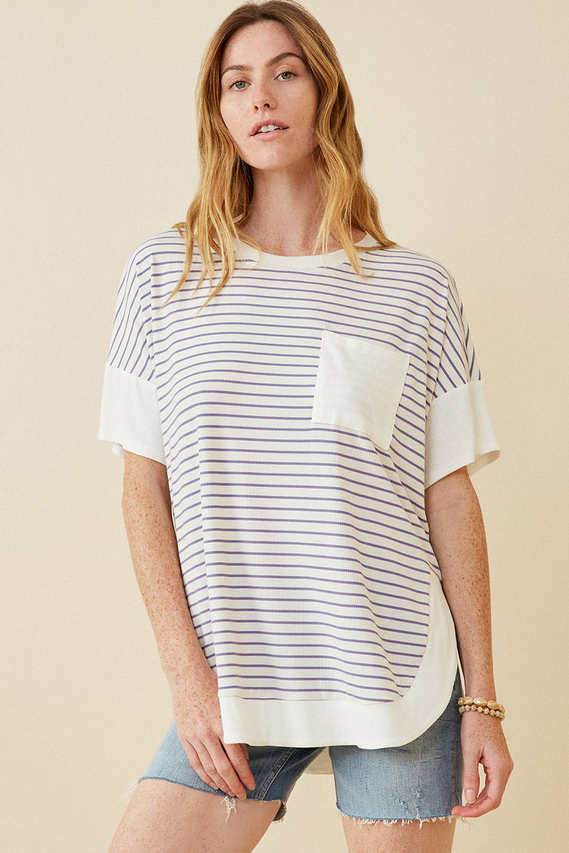 Ribbed Knit Contrast Detail Pocket Tee