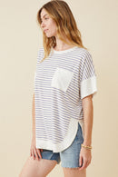 HY6870 LAVENDER Womens Ribbed Knit Contrast Detail Pocket Tee Side