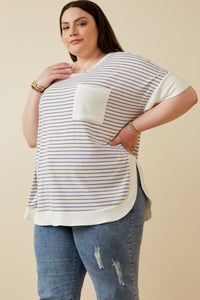 HY6870W Lavender Plus Ribbed Knit Contrast Detail Pocket Tee Full Body