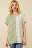 HY6871 Sage Women Short Sleeve Textured Knit Contrast Stripe Tee Front