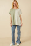 HY6871 Sage Women Short Sleeve Textured Knit Contrast Stripe Tee Gif