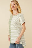 HY6871 Sage Women Short Sleeve Textured Knit Contrast Stripe Tee Full Body