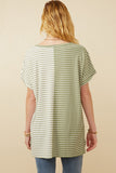 HY6871 Sage Women Short Sleeve Textured Knit Contrast Stripe Tee Side