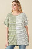 HY6871W Sage Plus Short Sleeve Textured Knit Contrast Stripe Tee Front