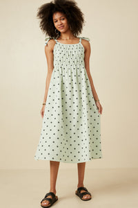 HY6884W Mint Womens Polka Dot Tie Strap Smocked Dress Full Body
