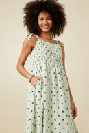 HY6884 Mint Womens Polka Dot Tie Strap Smocked Dress Gif