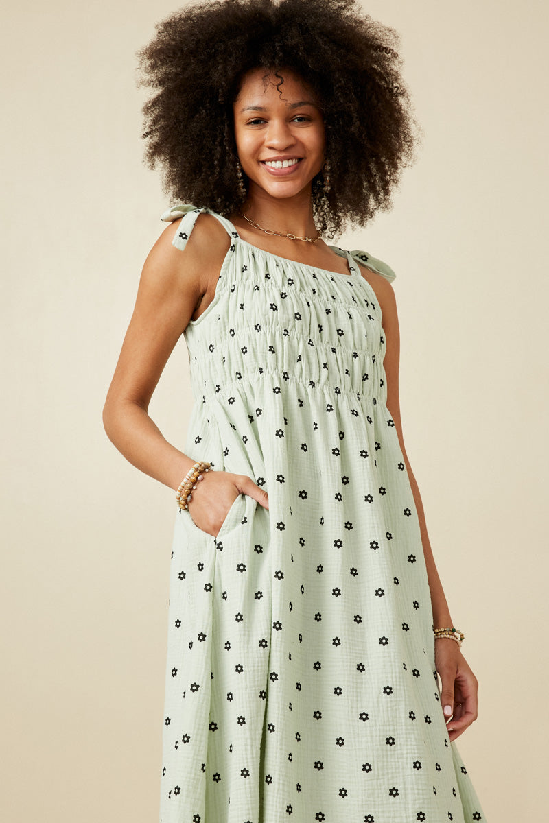HY6884 Mint Womens Polka Dot Tie Strap Smocked Dress Gif