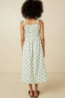 HY6884 Mint Womens Polka Dot Tie Strap Smocked Dress Detail