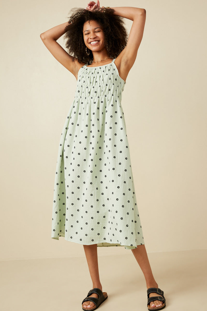 HY6884 Mint Womens Polka Dot Tie Strap Smocked Dress Back