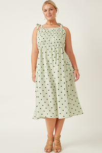 HY6884 Mint Womens Polka Dot Tie Strap Smocked Dress Full Body