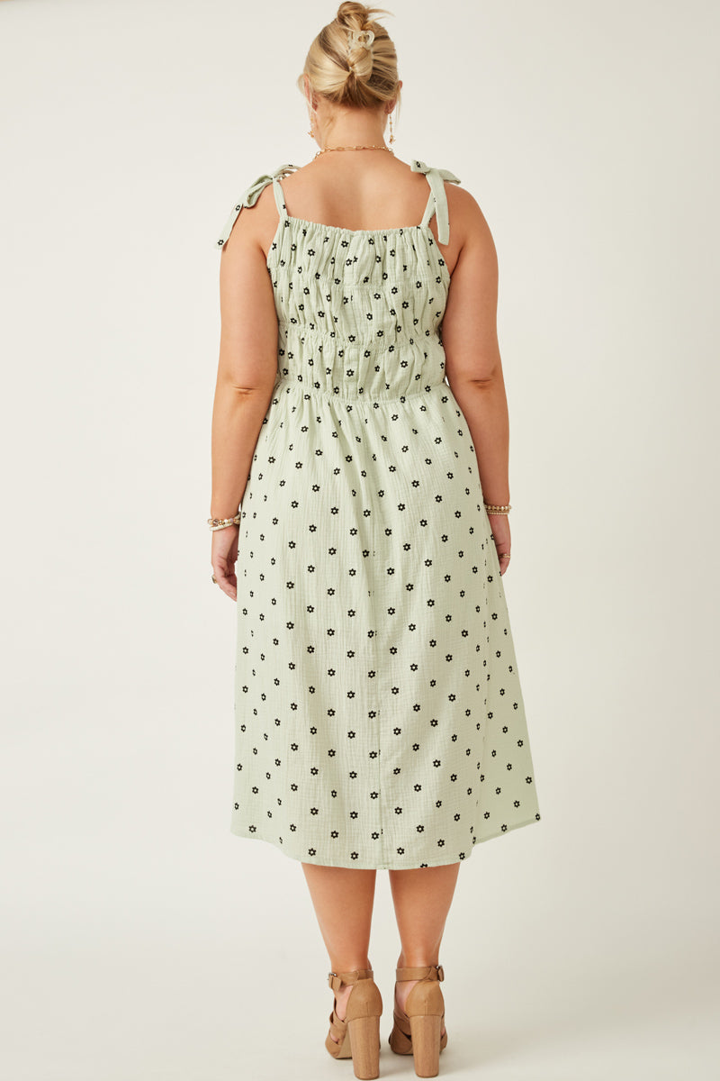 HY6884W Mint Womens Polka Dot Tie Strap Smocked Dress Front
