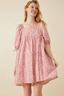 HY6892 PINK Womens Ditsy Floral Square Neck Poplin Dress Front