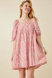 HY6892 PINK Womens Ditsy Floral Square Neck Poplin Dress Front