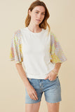 HY6894W Off White Plus Contrast Print Flutter Sleeve Top Front