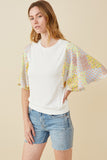 HY6894 OFF WHITE Womens Contrast Print Flutter Sleeve Top Full Body