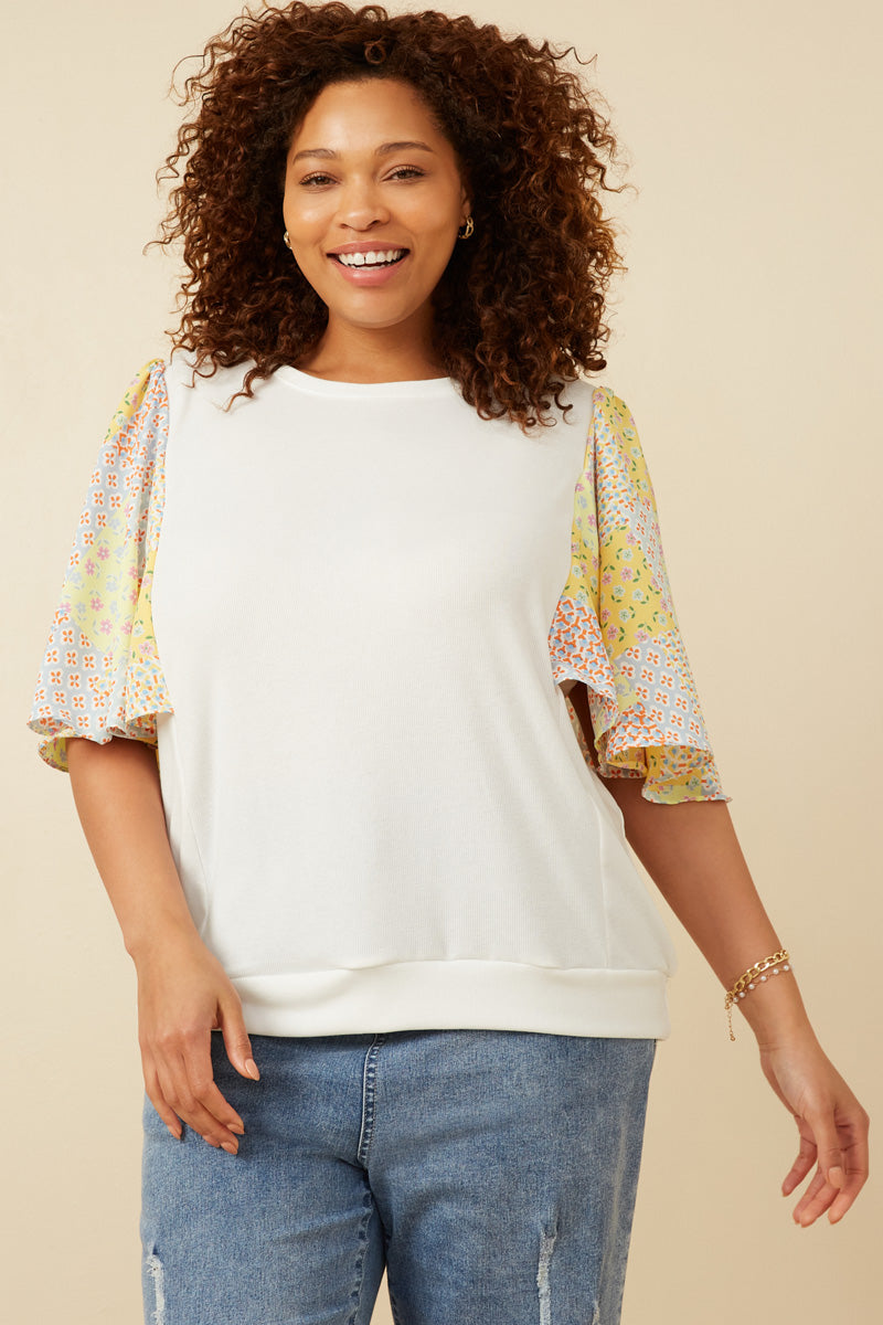 Contrast Print Flutter Sleeve Top