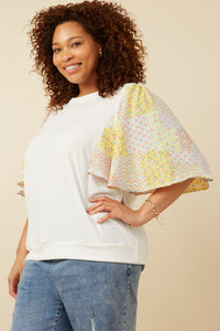 HY6894W Off White Plus Contrast Print Flutter Sleeve Top Gif