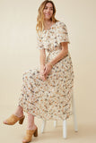HY6909 OFF WHITE Womens Soft Floral Pleated Skirt Short Sleeve Dress Pose
