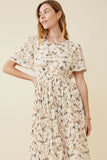 HY6909 OFF WHITE Womens Soft Floral Pleated Skirt Short Sleeve Dress Full Body