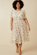 HY6909 OFF WHITE Womens Soft Floral Pleated Skirt Short Sleeve Dress Detail