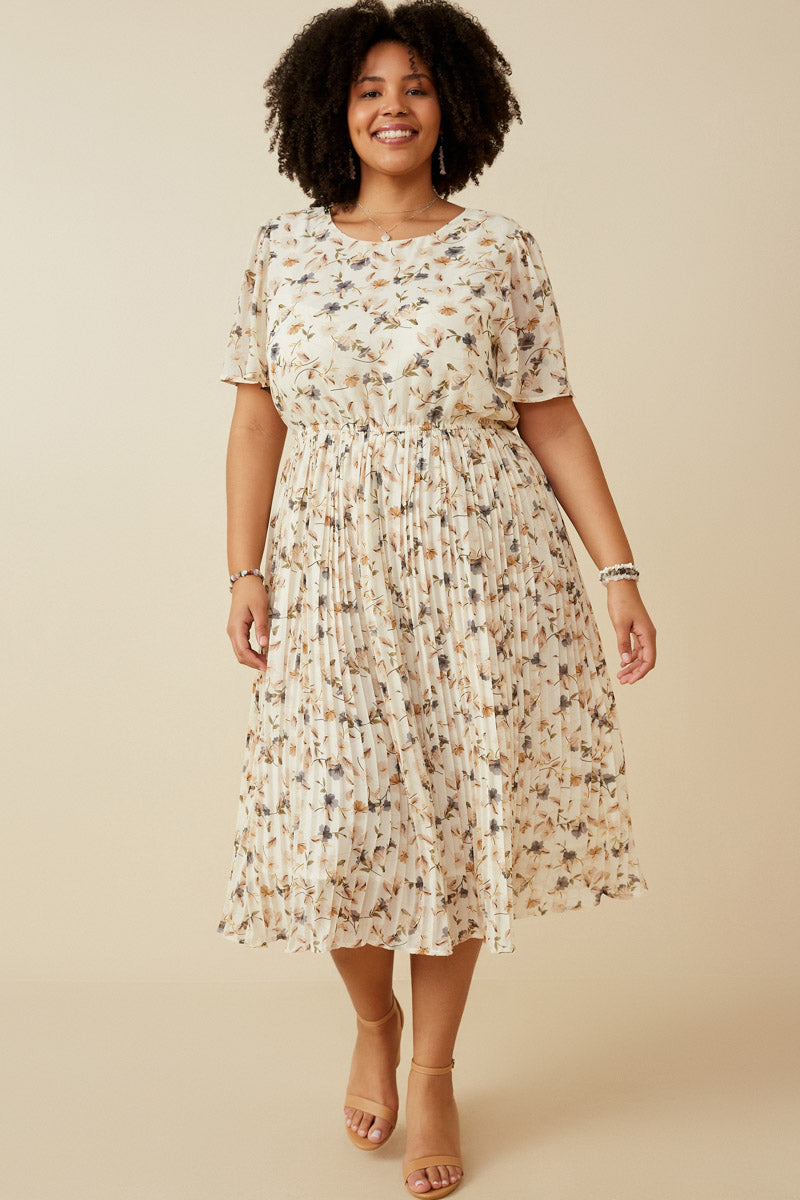 HY6909 OFF WHITE Womens Soft Floral Pleated Skirt Short Sleeve Dress Detail