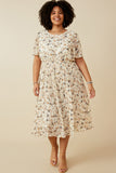 HY6909 Off White Plus Soft Floral Pleated Skirt Short Sleeve Dress Front