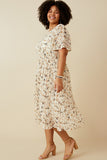 HY6909 OFF WHITE Womens Soft Floral Pleated Skirt Short Sleeve Dress Front