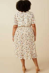 HY6909 OFF WHITE Womens Soft Floral Pleated Skirt Short Sleeve Dress Full Body