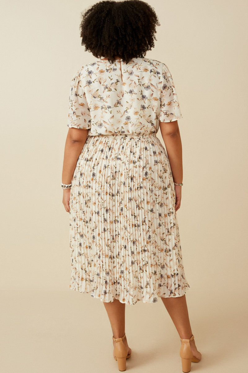 HY6909 OFF WHITE Womens Soft Floral Pleated Skirt Short Sleeve Dress Full Body