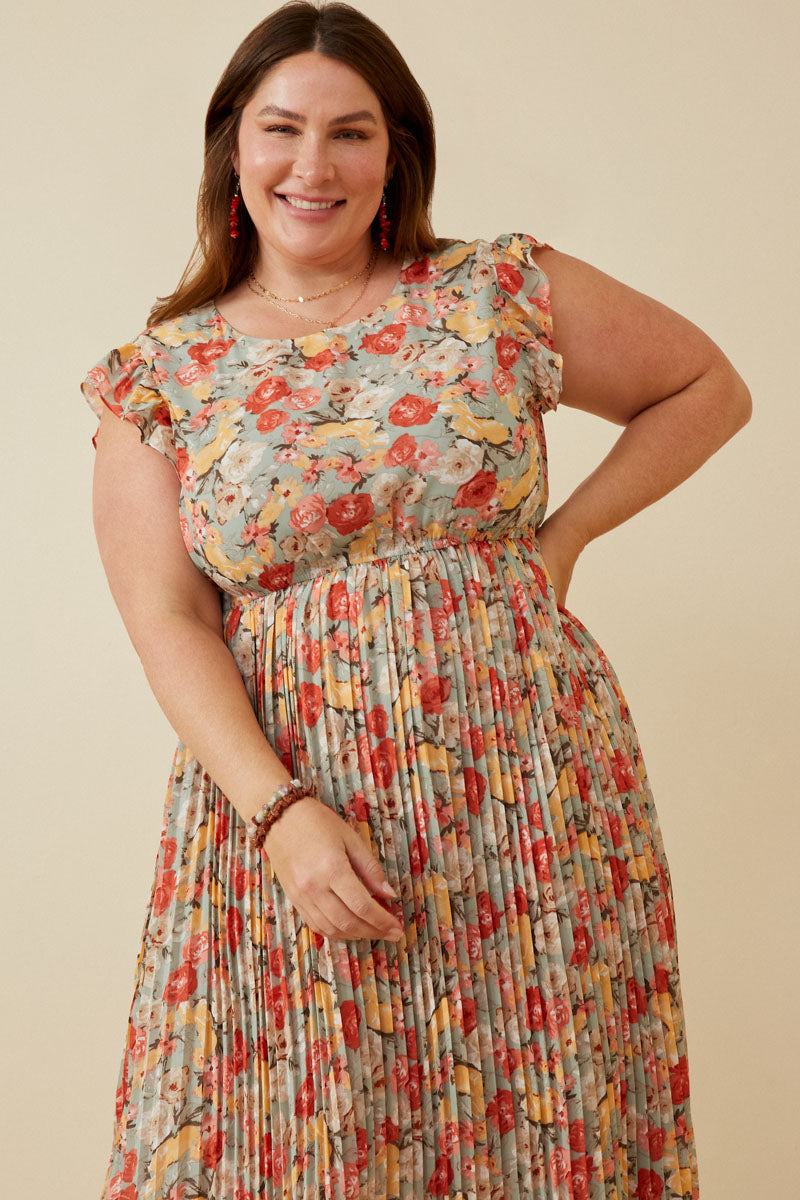 Floral Pleated Skirt Ruffle Tank Dress