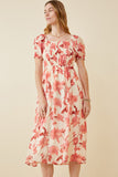 HY6914 RED Womens Textured Floral Smocked Square Neck Dress Editorial
