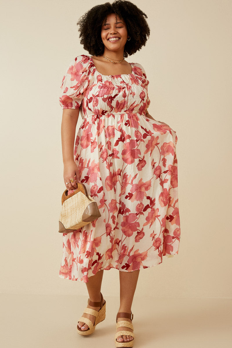 Floral Smocked Dress, Red L