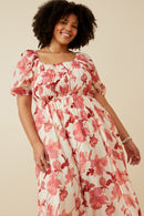 HY6914 RED Womens Textured Floral Smocked Square Neck Dress Gif