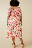 HY6914 RED Womens Textured Floral Smocked Square Neck Dress Full Body