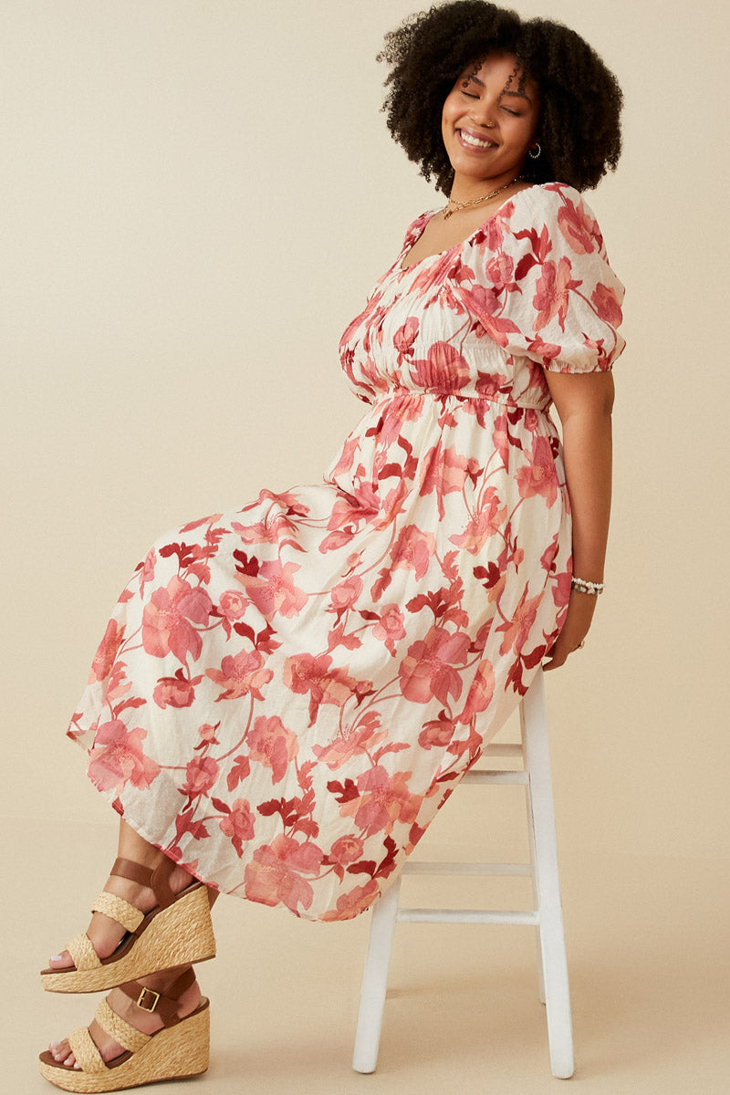 Floral Smocked Dress, Red L