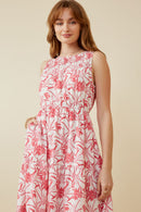 HY6923 Pink Womens Tropical Floral Smocked Yoke Dress GIF