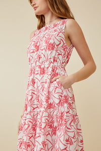 HY6923 PINK Womens Tropical Floral Smocked Yoke Dress Front