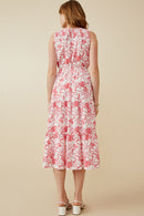 HY6923 PINK Womens Tropical Floral Smocked Yoke Dress Side