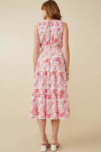 HY6923 PINK Womens Tropical Floral Smocked Yoke Dress Side